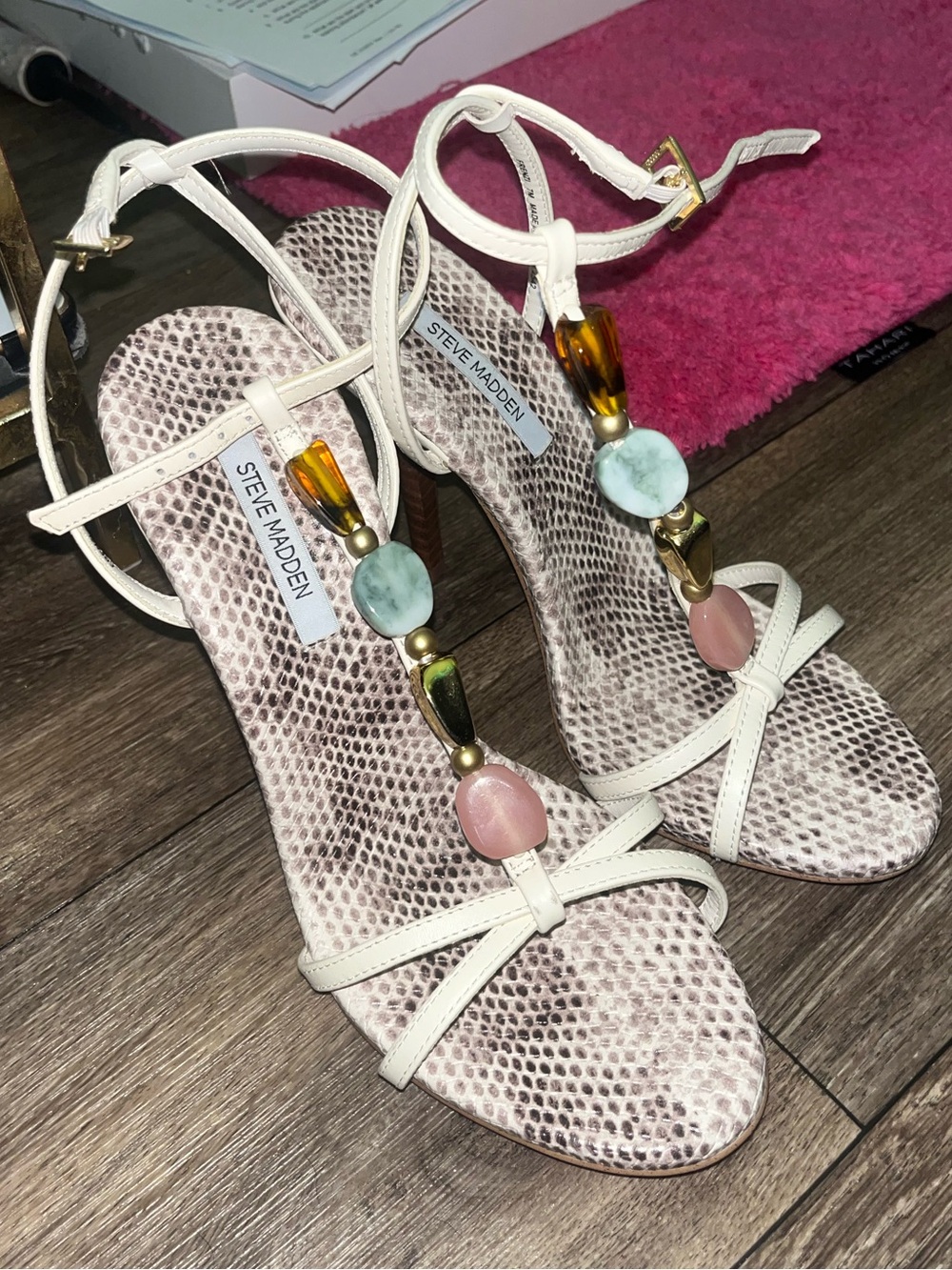 Steve Madden White T-Strap Heels with Multicolor Gem Embellishments